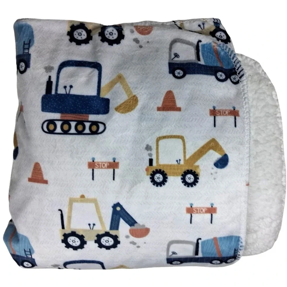 SL Home Fashions Plush Bulldozer Construction Vehicles Baby Blanket White Sherpa